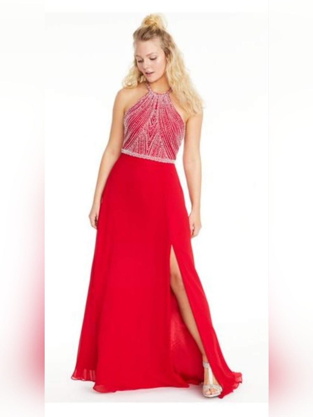 Rhinestone Summer Red Sparkle Maxi Embellished Beaded Side Slit Evening Gown XS